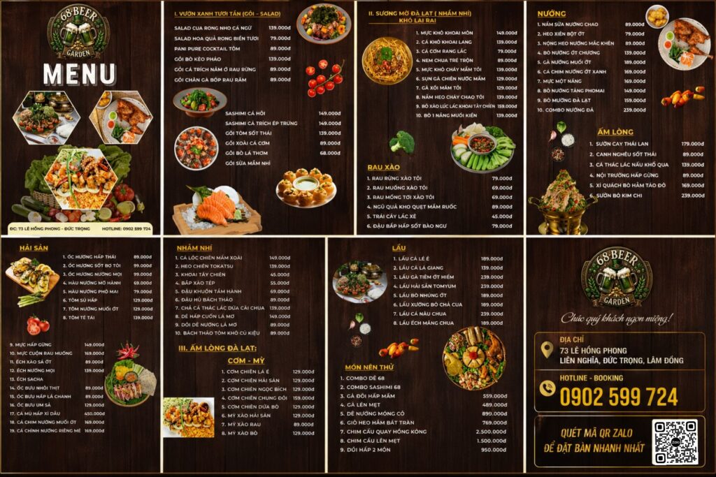 Menu Thực Đơn 68 Beer Garden Đức Trọng Lâm Đồng